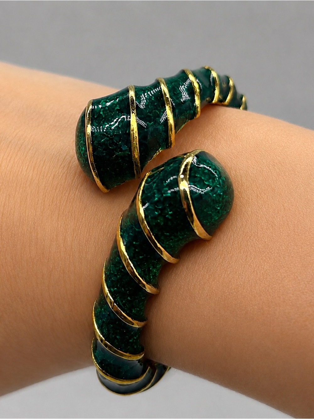 Vintage Kenneth Jay Lane Gold-Tone & Green Enamel Hinged Bangle Bracelet